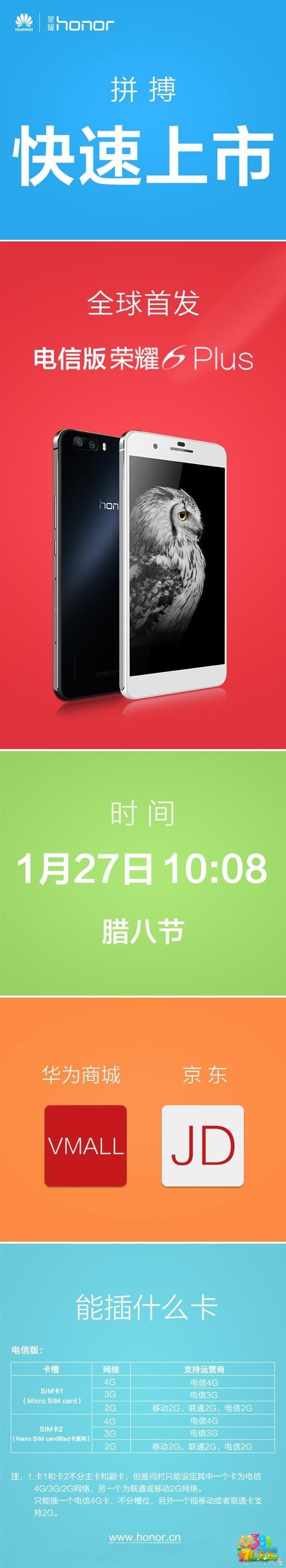 华为荣耀6 Plus电信版什么时候上市 27日正式开卖售价1999元
